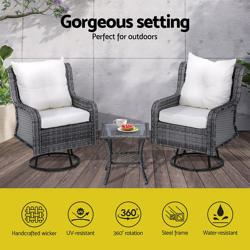 NNEDSZ Gardeon 3PC Outdoor Furniture Bistro Set Lounge Wicker Swivel Chairs Table Cushion Grey