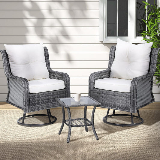 NNEDSZ Gardeon 3PC Outdoor Furniture Bistro Set Lounge Wicker Swivel Chairs Table Cushion Grey