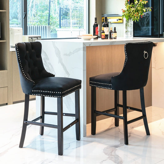 NNEDSZ 2X Velvet Bar Stools with Studs Trim Wooden Legs Tufted Dining Chairs Kitchen