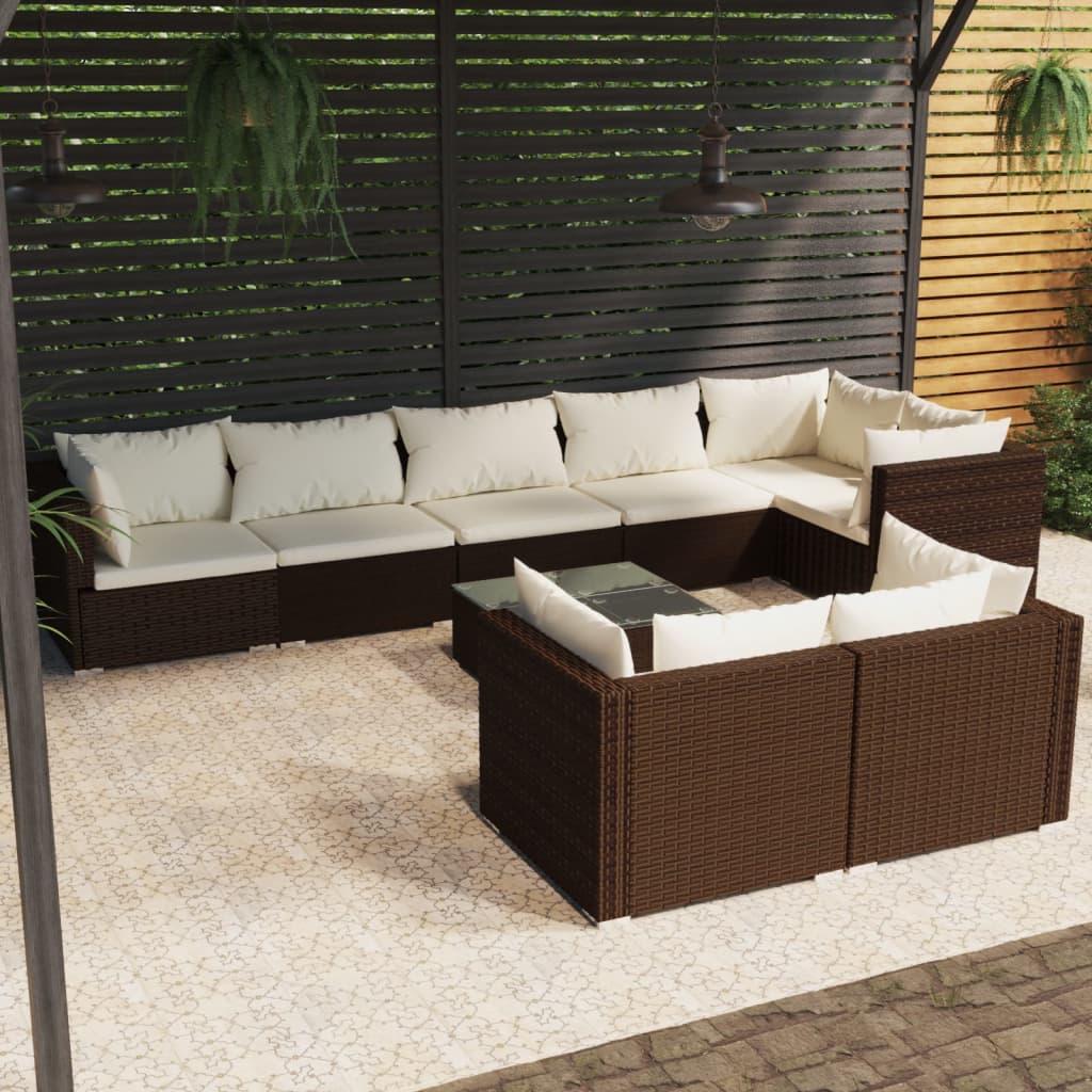NNEVL 9 Piece Garden Lounge Set with Cushions Brown Poly Rattan