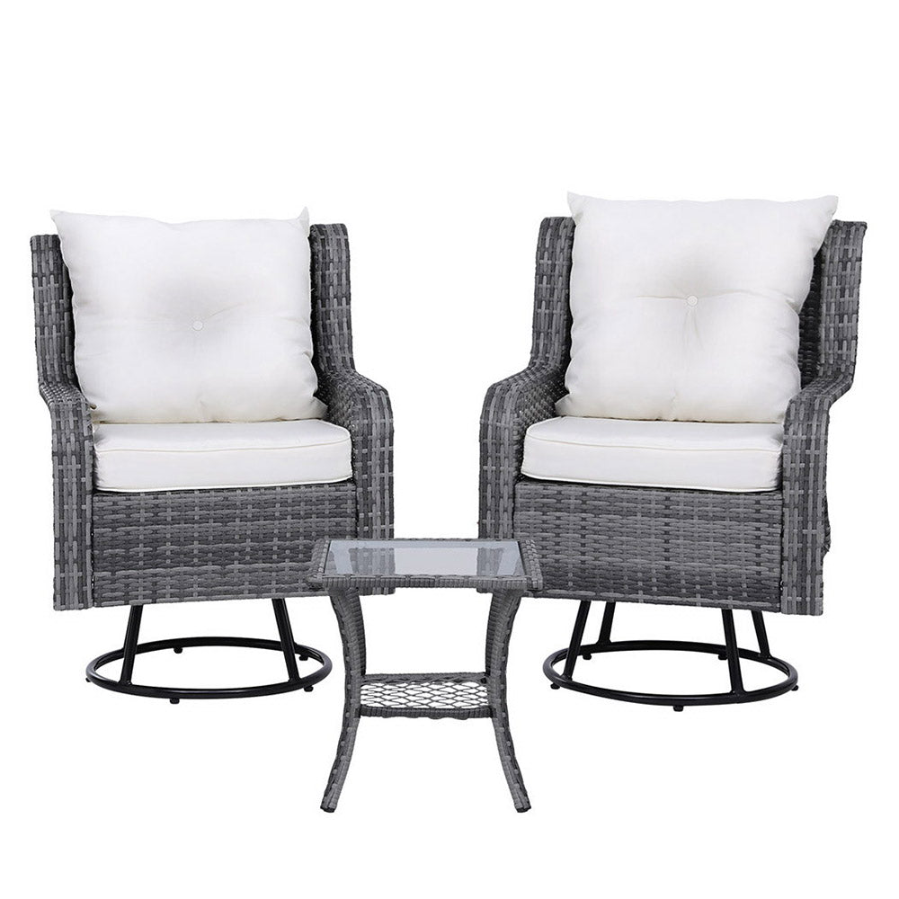 NNEDSZ Gardeon 3PC Outdoor Furniture Bistro Set Lounge Wicker Swivel Chairs Table Cushion Grey