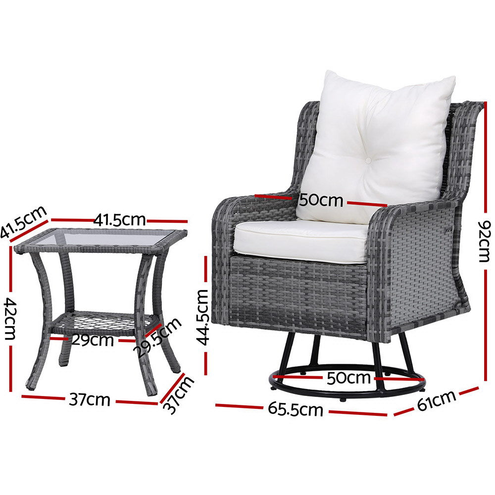 NNEDSZ Gardeon 3PC Outdoor Furniture Bistro Set Lounge Wicker Swivel Chairs Table Cushion Grey