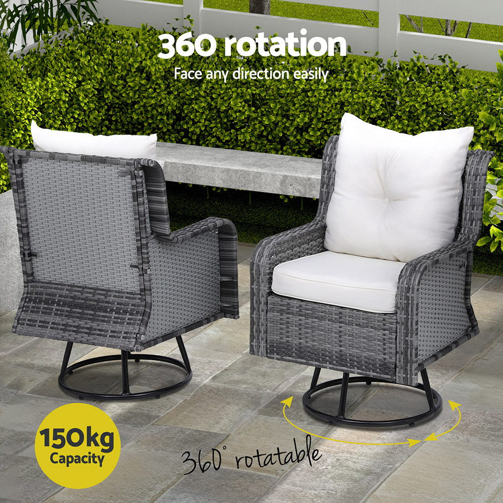 NNEDSZ Gardeon 3PC Outdoor Furniture Bistro Set Lounge Wicker Swivel Chairs Table Cushion Grey