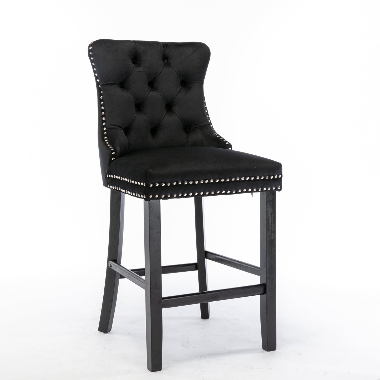 NNEDSZ 2X Velvet Bar Stools with Studs Trim Wooden Legs Tufted Dining Chairs Kitchen
