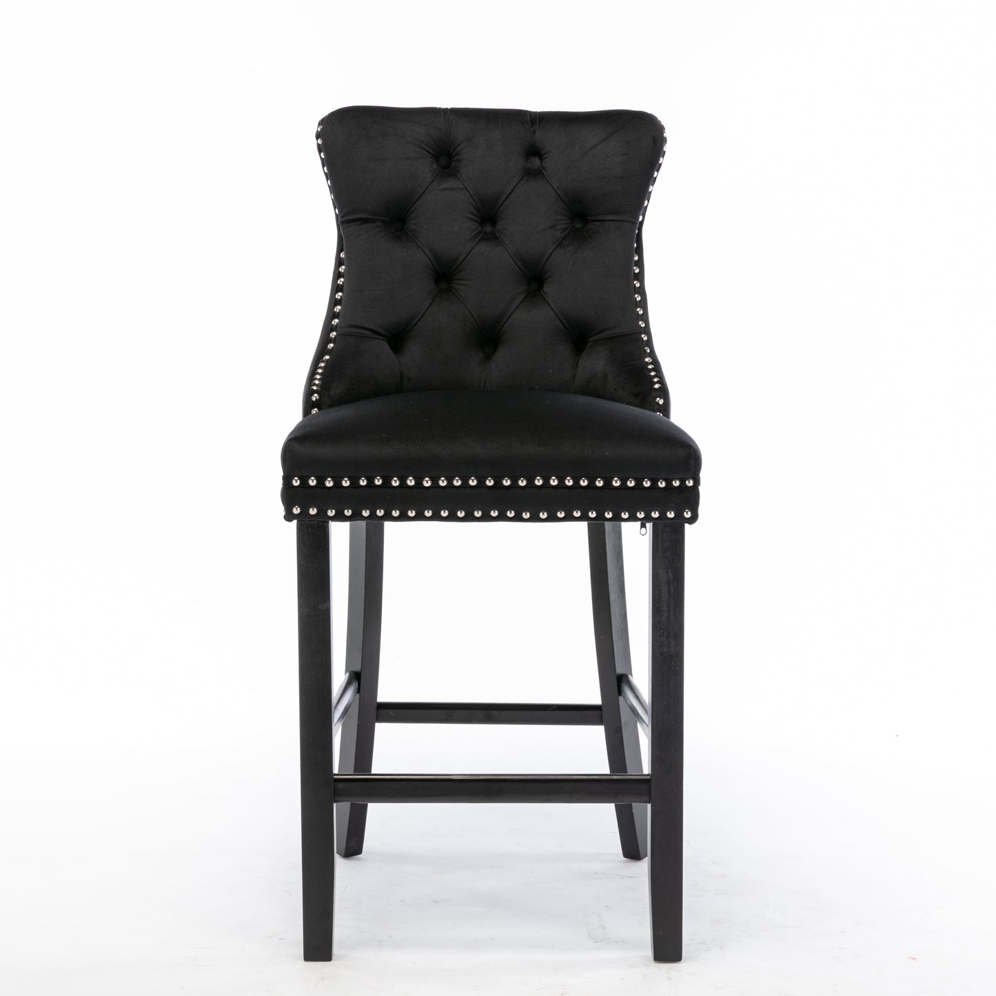 NNEDSZ 2X Velvet Bar Stools with Studs Trim Wooden Legs Tufted Dining Chairs Kitchen