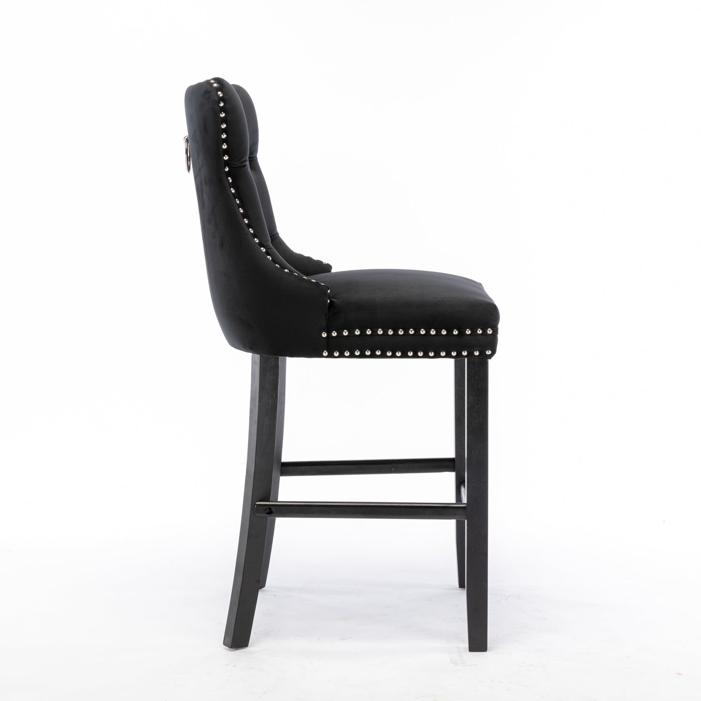 NNEDSZ 2X Velvet Bar Stools with Studs Trim Wooden Legs Tufted Dining Chairs Kitchen
