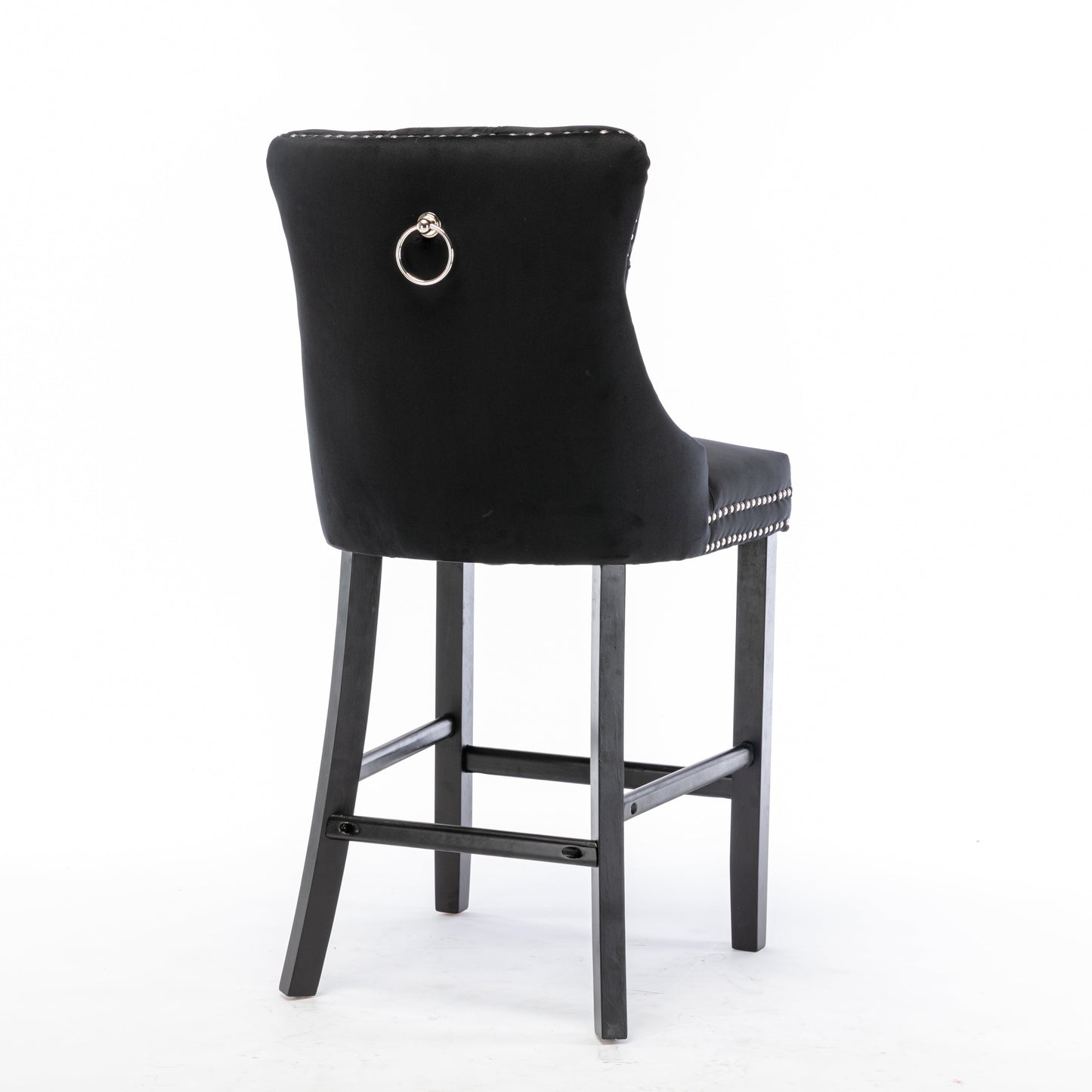 NNEDSZ 2X Velvet Bar Stools with Studs Trim Wooden Legs Tufted Dining Chairs Kitchen