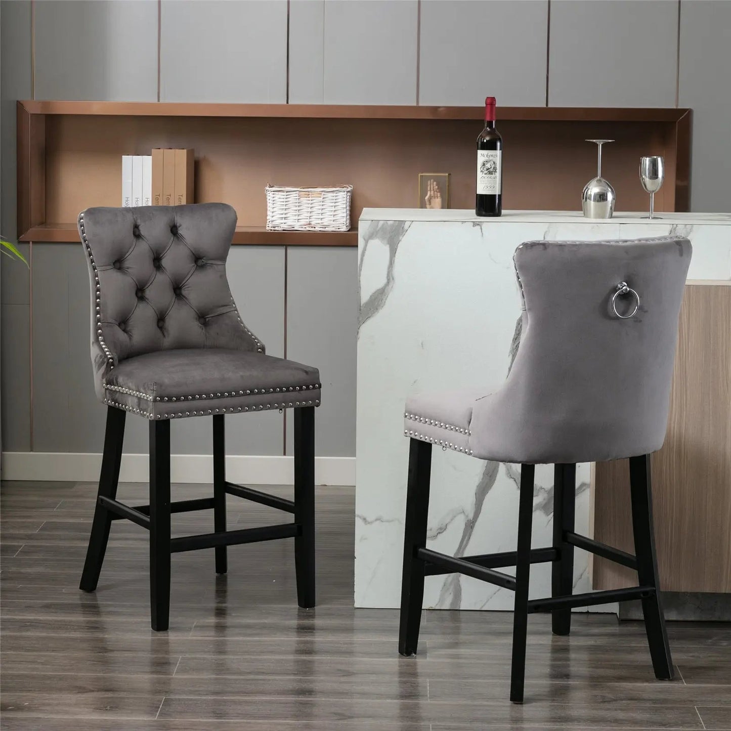 NNEDSZ 6X Velvet Bar Stools with Studs Trim Wooden Legs Tufted Dining Chairs Kitchen