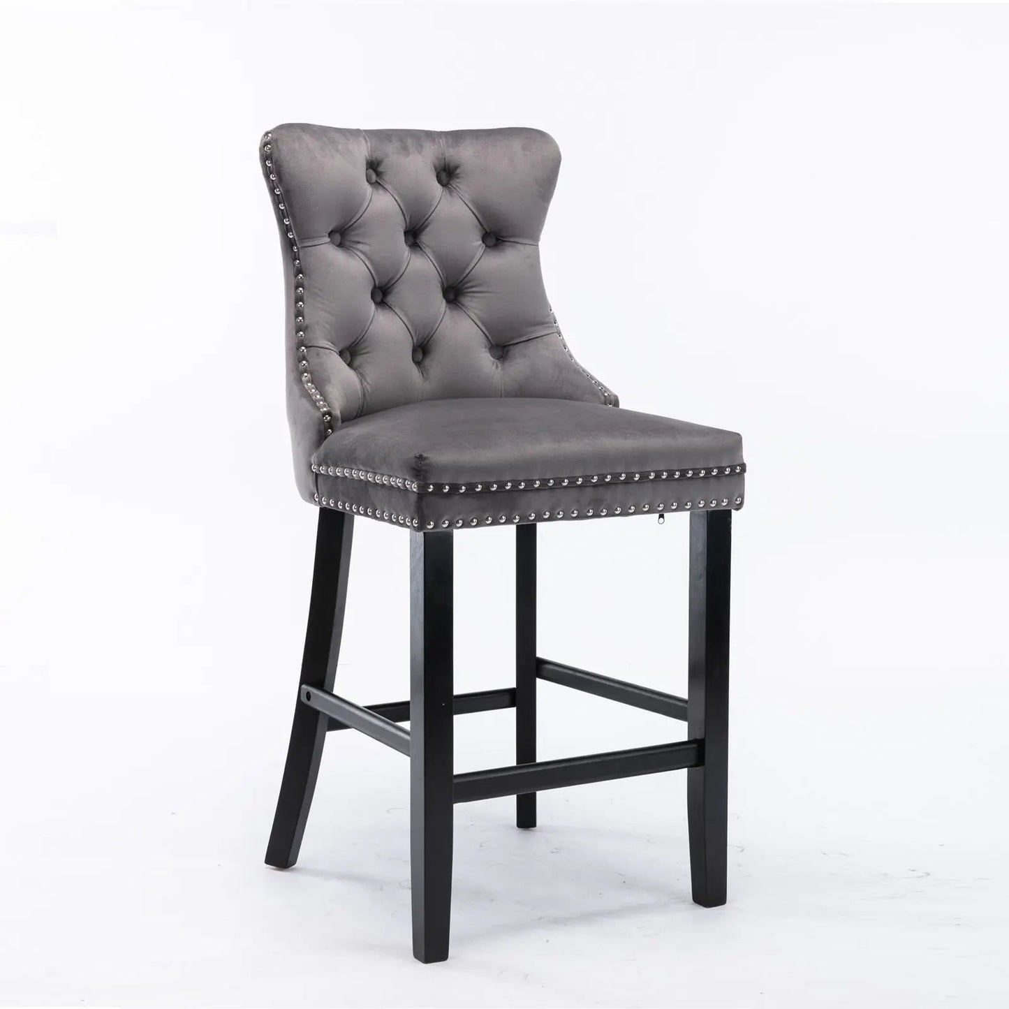 NNEDSZ 6X Velvet Bar Stools with Studs Trim Wooden Legs Tufted Dining Chairs Kitchen