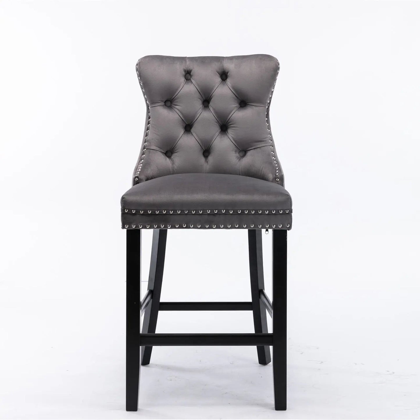 NNEDSZ 6X Velvet Bar Stools with Studs Trim Wooden Legs Tufted Dining Chairs Kitchen