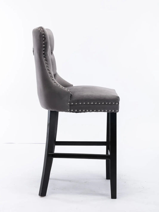 NNEDSZ 6X Velvet Bar Stools with Studs Trim Wooden Legs Tufted Dining Chairs Kitchen